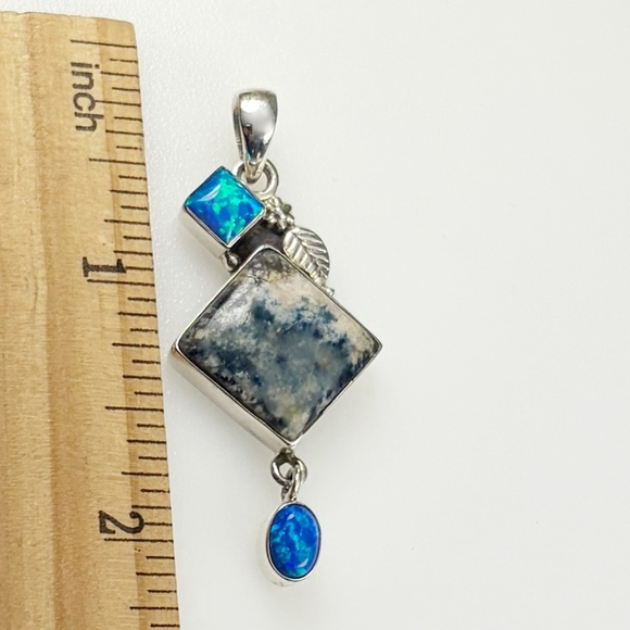 Solid Sterling Silver 925 Fire Opal Pendant Lapis Lace Onyx aka Blue Scheelite - Picture 6 of 7